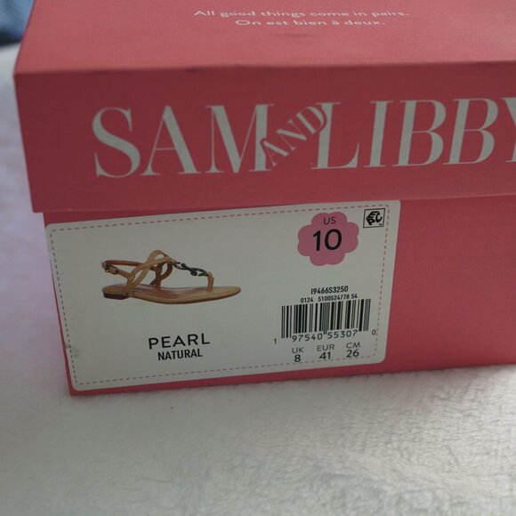 NIB Sam & Libby Pearl Natural Gold Chain Flat Sandals Size 10 - Picture 3 of 6